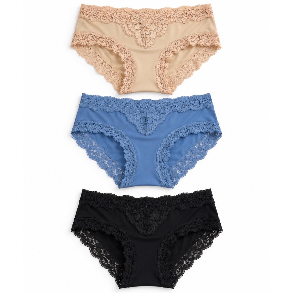 NEW Maidenform Dream Cotton Lace Hipster Panties 3 Pack Tan Blue Black XL